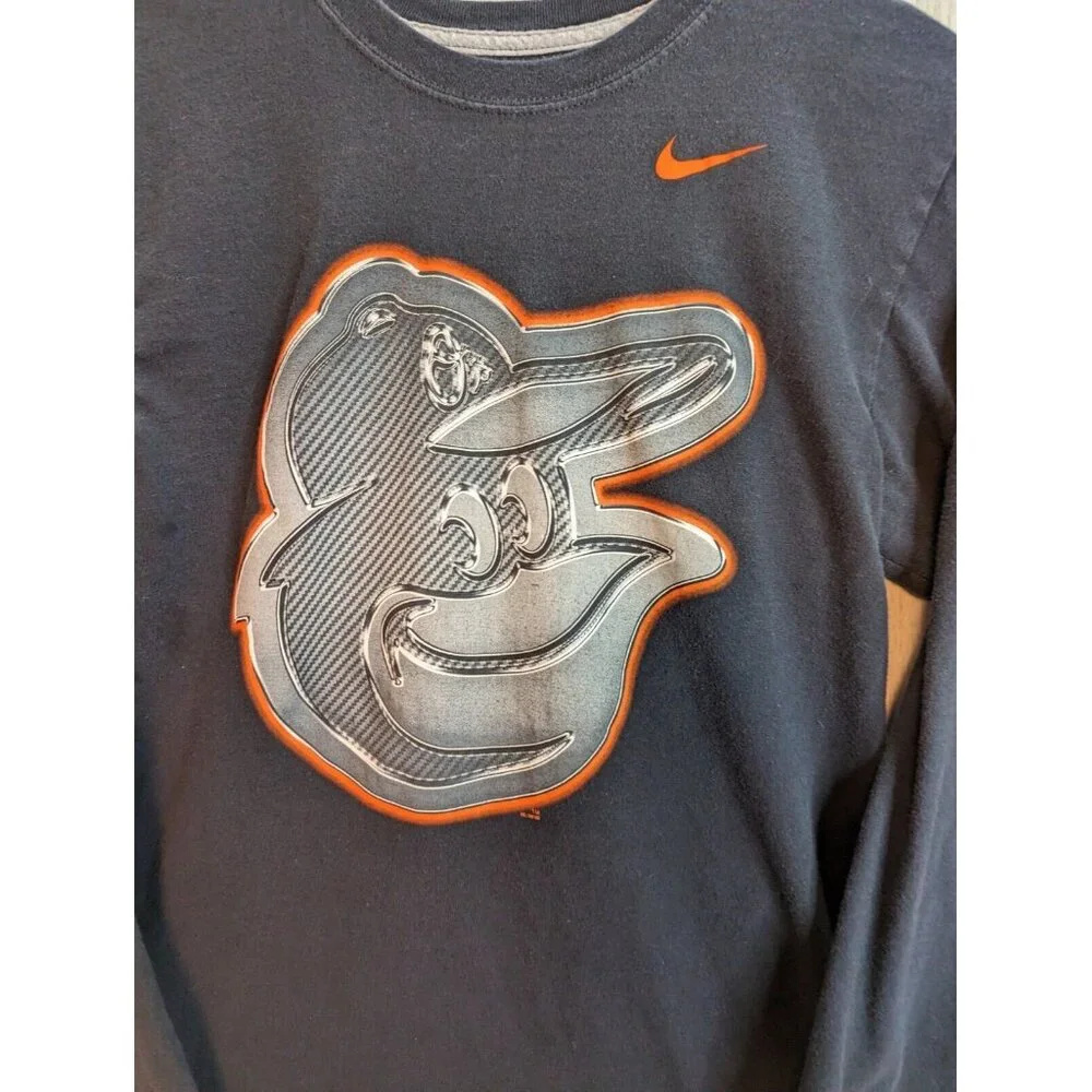 Nike Baltimore Orioles Bird Logo Tee Mens Size Small S Black Long Sleeve Chrome